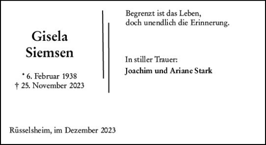 Traueranzeige von Gisela Siemsen von Rüsselsheimer Echo