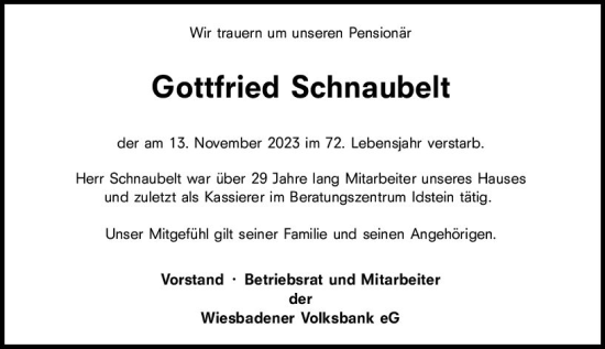 Traueranzeige von Gottfried Schnaubelt von Idsteiner Land/Untertaunus