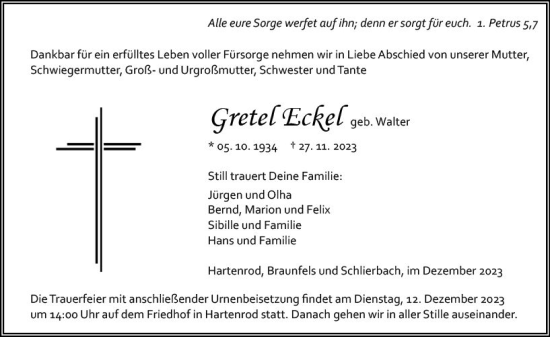 Traueranzeige von Gretel Eckel von Hinterländer Anzeiger