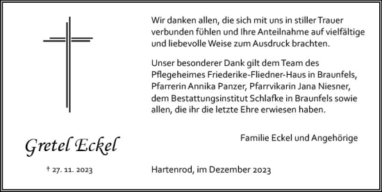 Traueranzeige von Gretel Eckel von Hinterländer Anzeiger