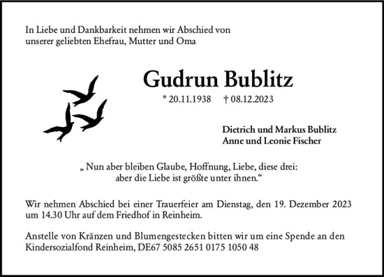 Traueranzeige von Gudrun Bublitz von Darmstädter Echo
