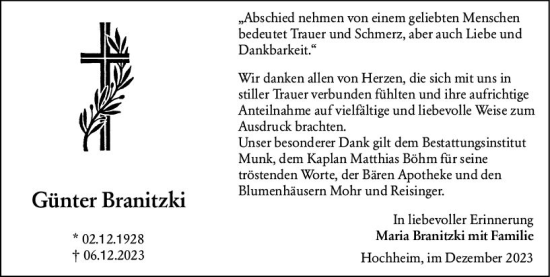 Traueranzeige von Günter Branitzki von Hochheimer Zeitung