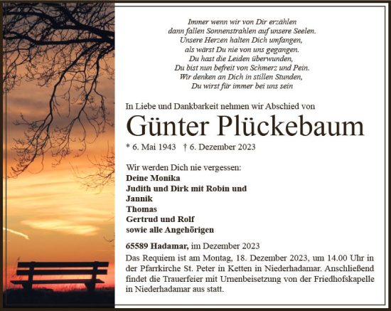 Traueranzeige von Günter Plückebaum von Nassauische Neue Presse