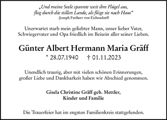 Traueranzeige von Günter Albert Hermann Maria Gräff von Wiesbadener Kurier