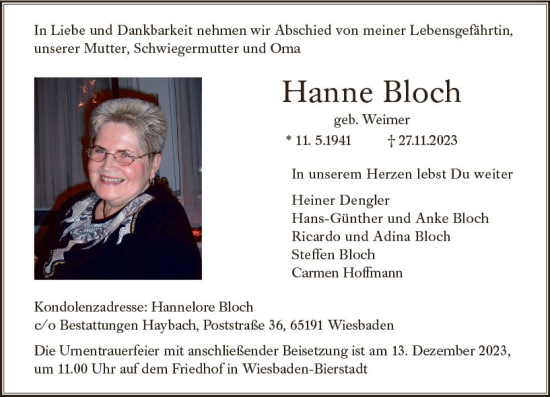 Traueranzeige von Hanne Bloch von Wiesbadener Kurier
