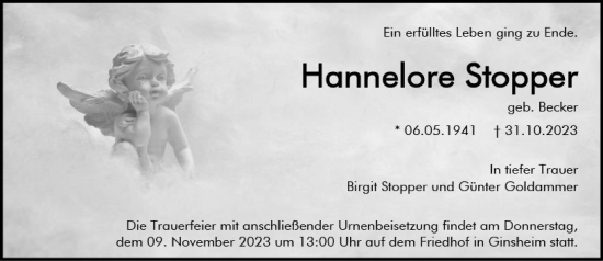Traueranzeige von Hannelore Stopper von Allgemeine Zeitung Mainz