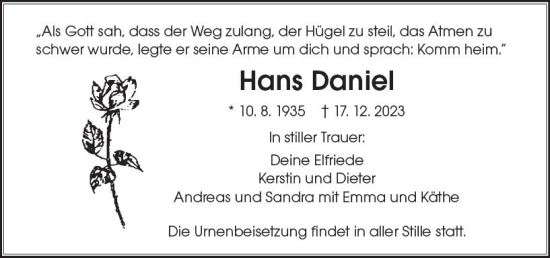 Traueranzeige von Hans Daniel von Darmstädter Echo