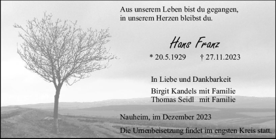 Traueranzeige von Hans Franz von Rüsselsheimer Echo