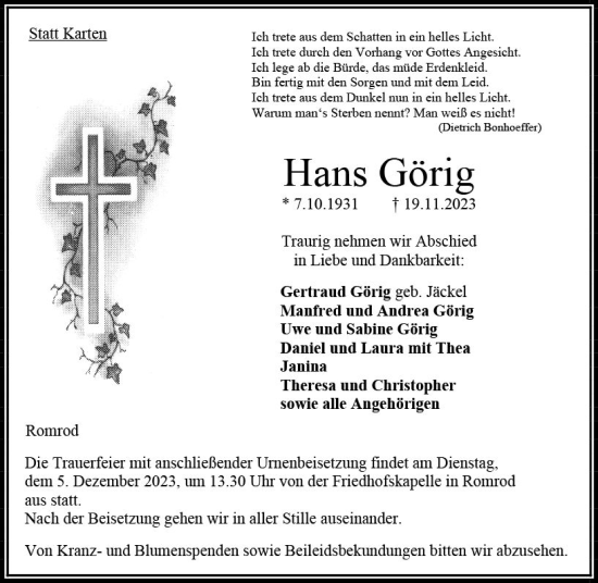 Traueranzeige von Hans Görig von VRM Trauer
