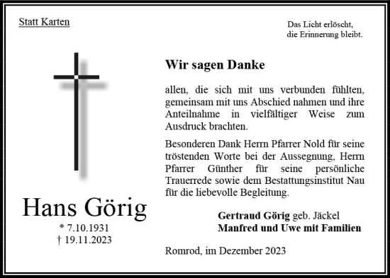 Traueranzeige von Hans Görig von Oberhessen Kurier