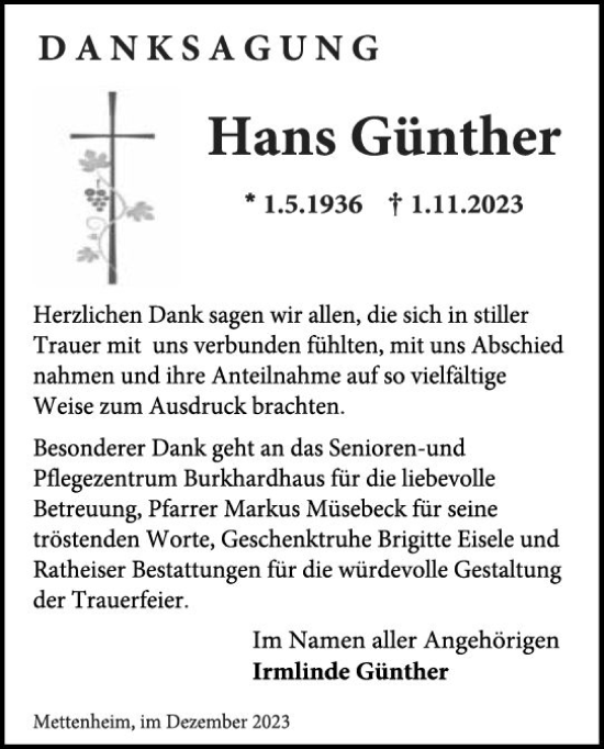 Traueranzeige von Hans Günther von Wormser Zeitung