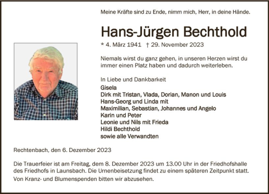 Traueranzeige von Hans-Jürgen Bechthold von Wetzlarer Neue Zeitung
