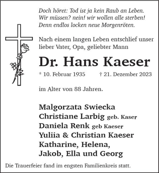 Traueranzeige von Hans Kaeser von Wiesbadener Kurier