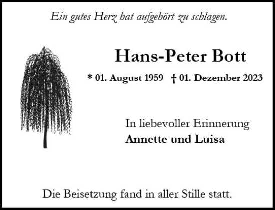 Traueranzeige von Hans-Peter Bott von Allgemeine Zeitung Bad Kreuznach