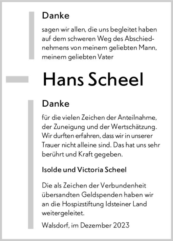 Traueranzeige von Hans Scheel von Camberger Anzeiger