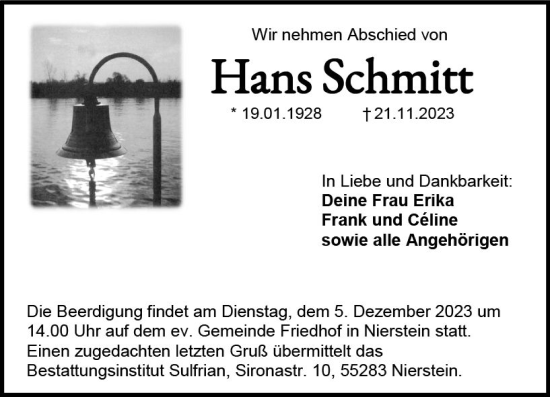 Traueranzeige von Hans Schmitt von Allgemeine Zeitung Mainz