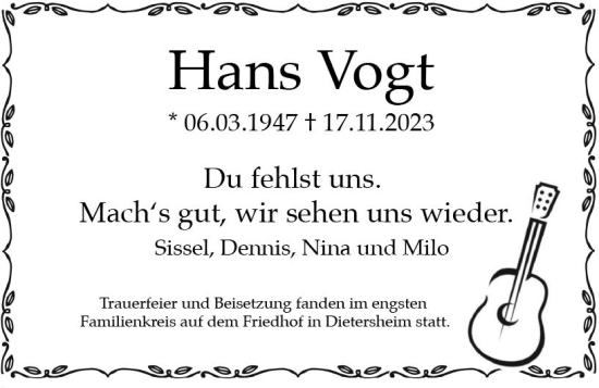 Traueranzeige von Hans Vogt von Allgemeine Zeitung Bingen/Ingelheim