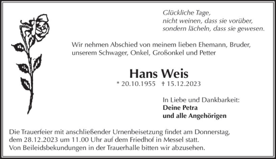 Traueranzeige von Hans Weis von Darmstädter Echo