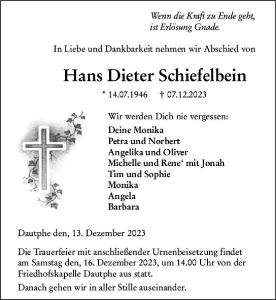 Traueranzeige von Hans Dieter Schiefelbein von Hinterländer Anzeiger