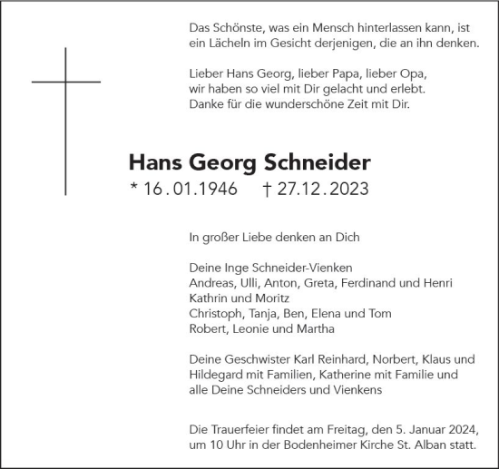 Traueranzeige von Hans Georg Schneider von Allgemeine Zeitung Mainz
