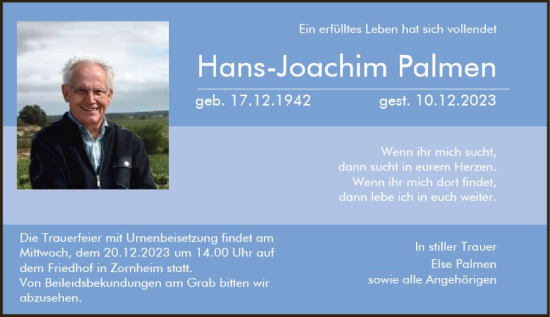 Traueranzeige von Hans Joachim Palmen von Allgemeine Zeitung Mainz