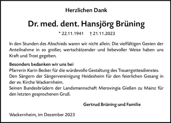 Traueranzeige von Hansjörg Brüning von Allgemeine Zeitung Bingen/Ingelheim