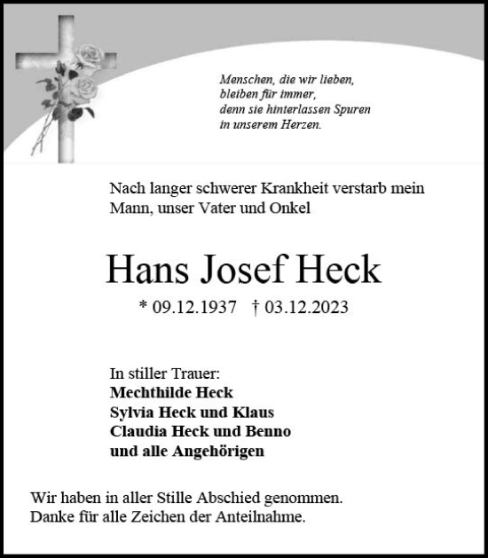 Traueranzeige von Hans Josef Heck von Allgemeine Zeitung Mainz