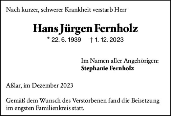 Traueranzeige von Hans Jürgen Fernholz von Wetzlarer Neue Zeitung