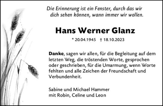 Traueranzeige von Hans Werner Glanz von Allgemeine Zeitung Mainz