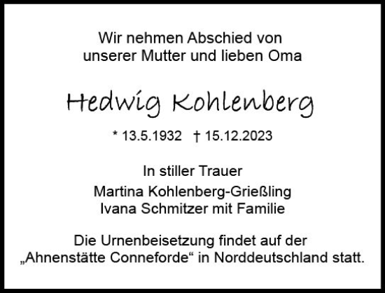 Traueranzeige von Hedwig Kohlenberg von Dieburger Anzeiger/Groß-Zimmerner Lokal-Anzeiger