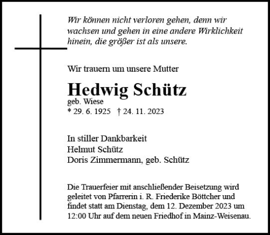 Traueranzeige von Hedwig Schütz von Allgemeine Zeitung Mainz