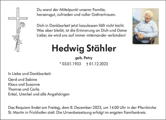 Traueranzeige von Hedwig Stähler von Nassauische Neue Presse