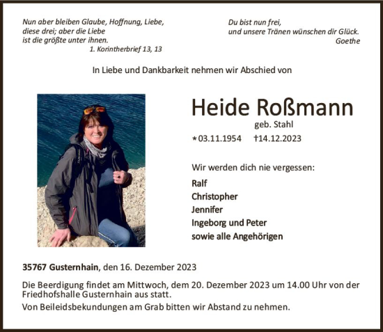Traueranzeige von Heide Roßmann von Dill Block