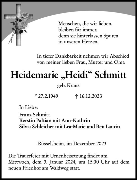 Traueranzeige von Heidemarie Schmitt von Rüsselsheimer Echo