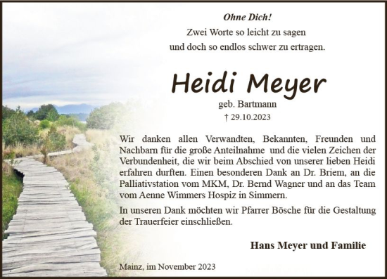 Traueranzeige von Heidi Meyer von Allgemeine Zeitung Mainz