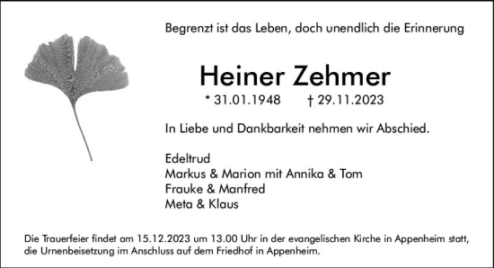 Traueranzeige von Heiner Zehmer von Allgemeine Zeitung Bingen/Ingelheim