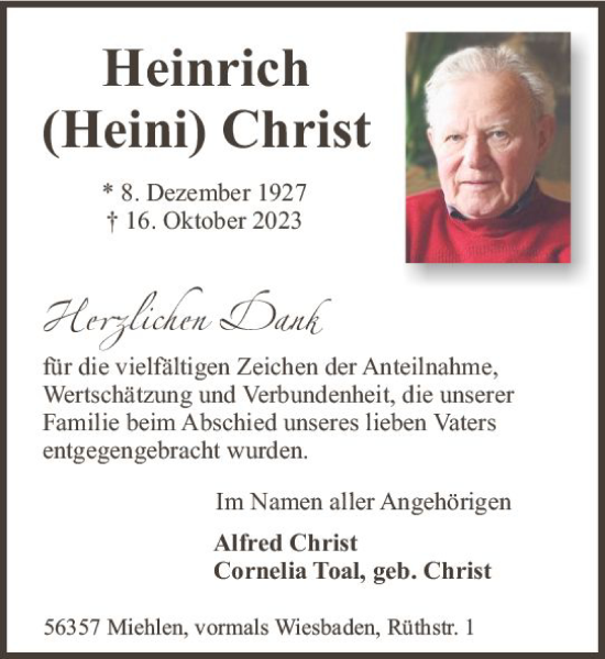 Traueranzeige von Heini Christ von Wiesbadener Kurier