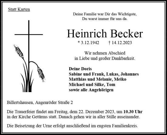 Traueranzeige von Heinrich Becker von VRM Trauer