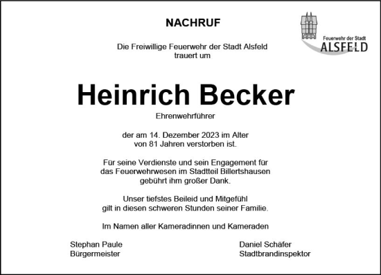 Traueranzeige von Heinrich Becker von VRM Trauer