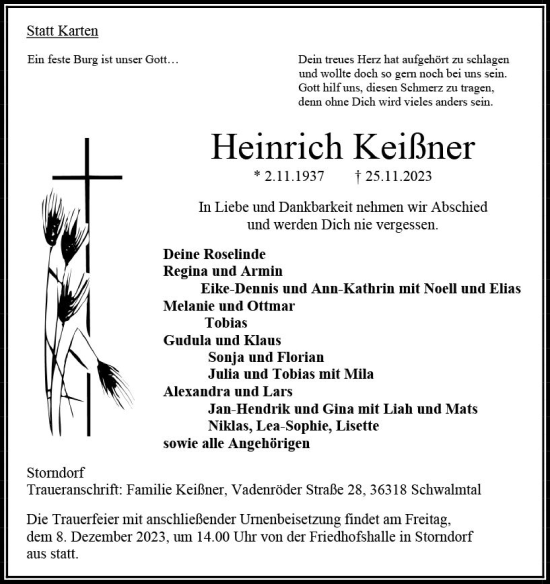 Traueranzeige von Heinrich Keißner von Oberhessen Kurier