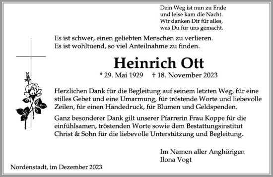 Traueranzeige von Heinrich Ott von Wiesbadener Kurier