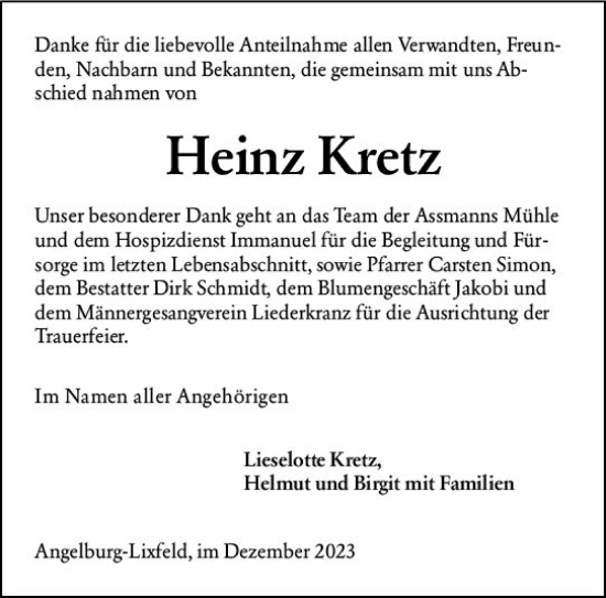 Traueranzeige von Heinz Kretz von Hinterländer Anzeiger