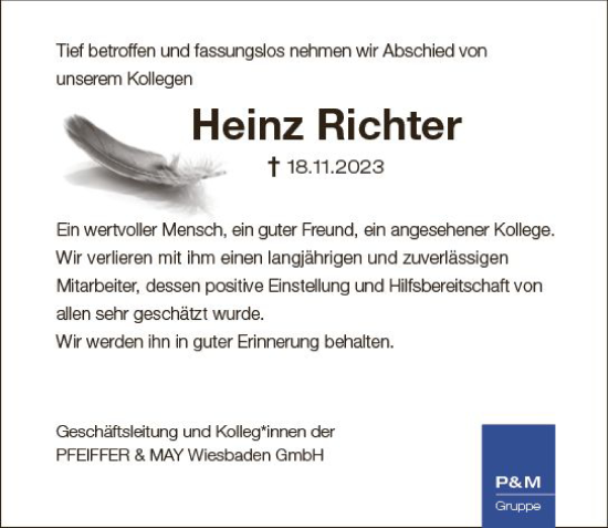 Traueranzeige von Heinz Richter von Wiesbadener Kurier