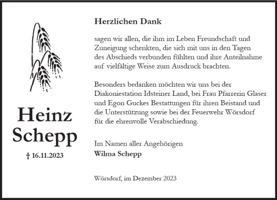 Traueranzeige von Heinz Schepp von Idsteiner Land/Untertaunus