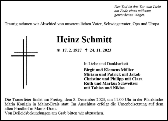 Traueranzeige von Heinz Schmitt von Allgemeine Zeitung Mainz