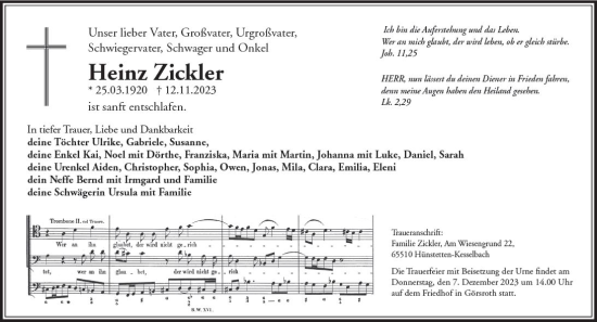 Traueranzeige von Heinz Zickler von Wiesbadener Kurier