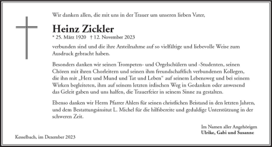 Traueranzeige von Heinz Zickler von Wiesbadener Kurier