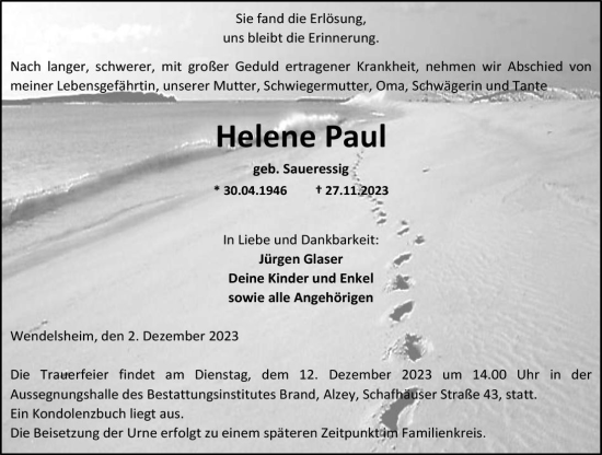 Traueranzeige von Helene Paul von Allgemeine Zeitung Alzey