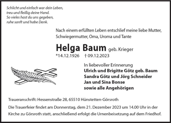 Traueranzeige von Helga Baum von Idsteiner Land/Untertaunus