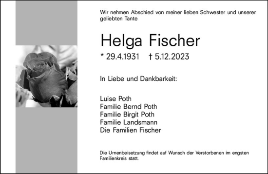 Traueranzeige von Helga Fischer von Darmstädter Echo